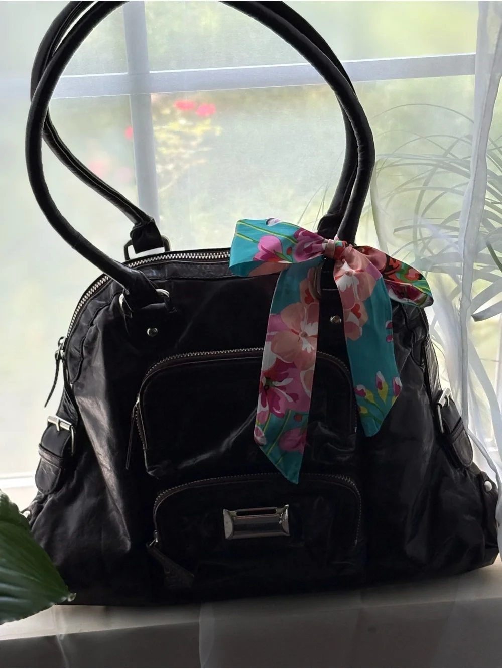 latico Dark Brown Leather Shoulder Bag with Blue Floral Scarf